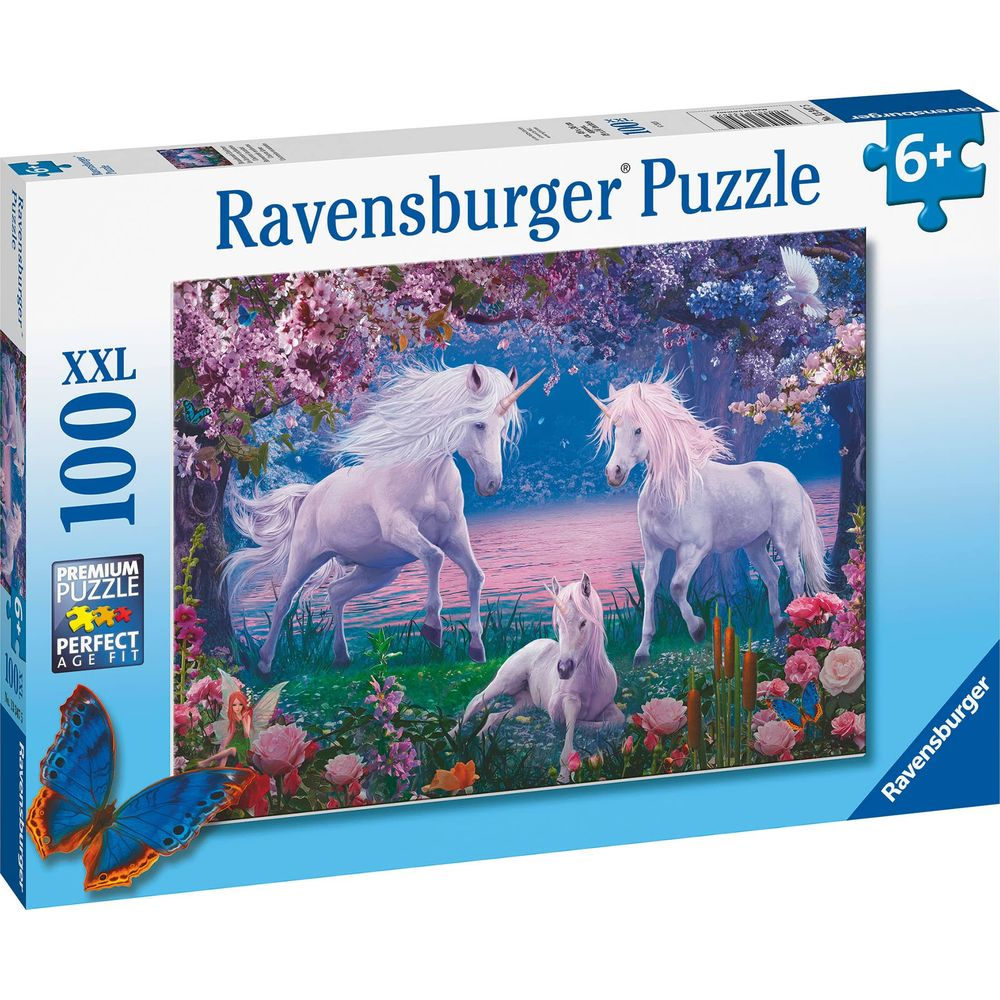 Ravensburger puzzel van 100 stukjes: Drie eenhoorns in een bloeiend landschap.