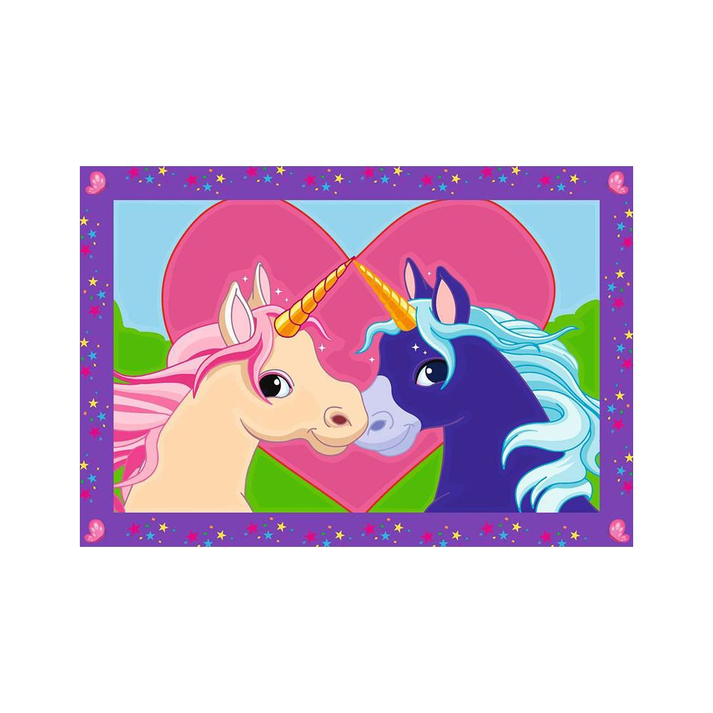 Due unicorni, uno pesca e uno blu, con criniere rosa e blu, si coccolano davanti a un cuore rosa.