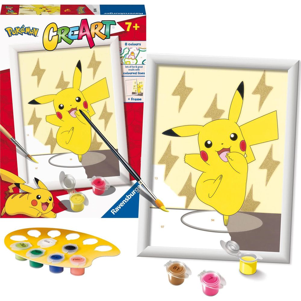 Kit de pintar por números con Pikachu sobre fondo amarillo con rayos dorados.