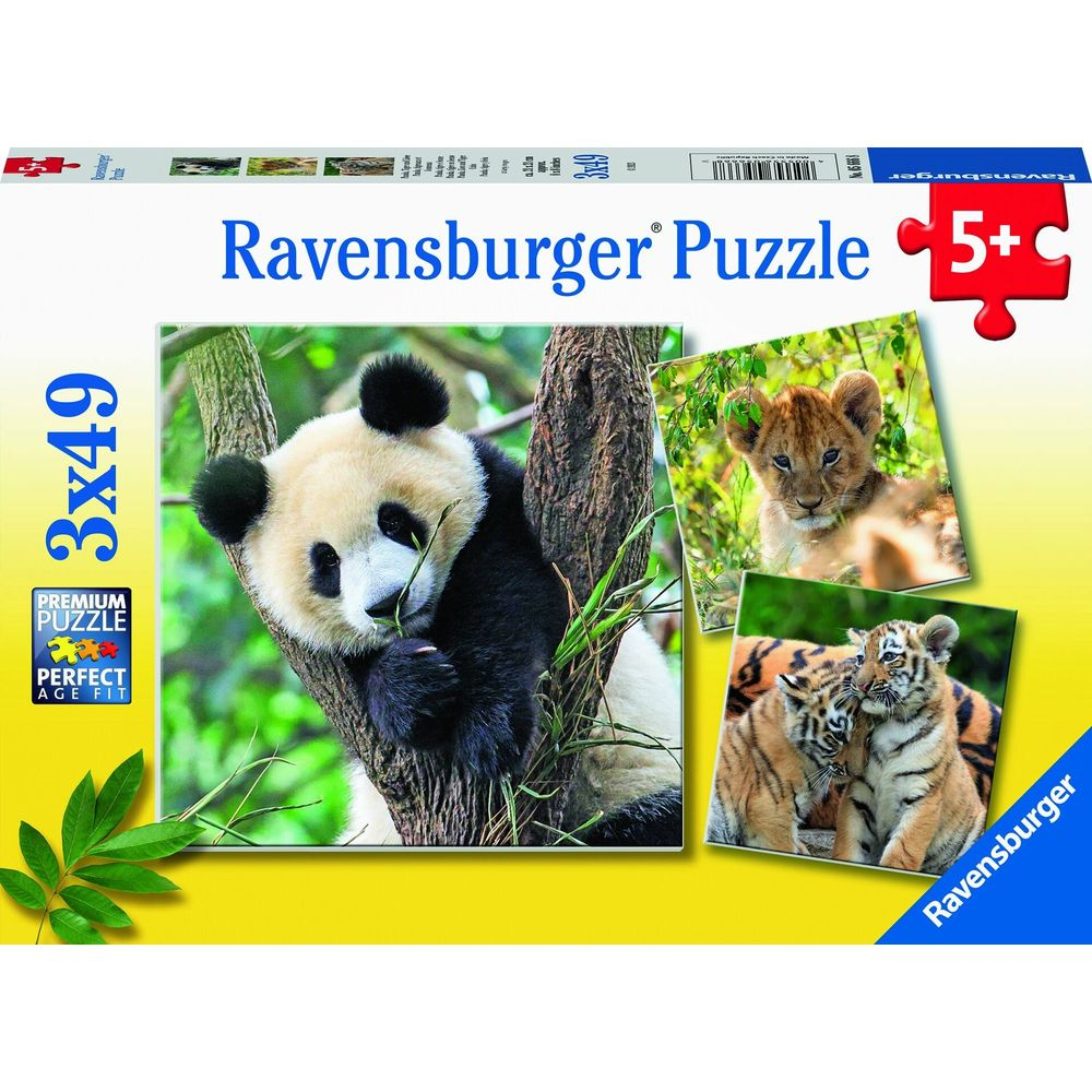 Ravensburger Puzzle: Panda im Baum, Löwenjunges und Tigerbabys.