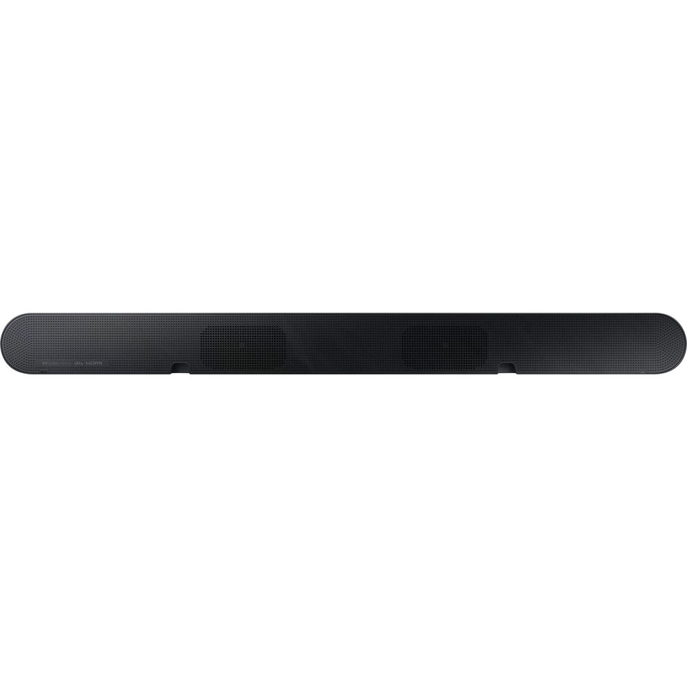 Soundbar nero con frontale forato e bordi arrotondati.