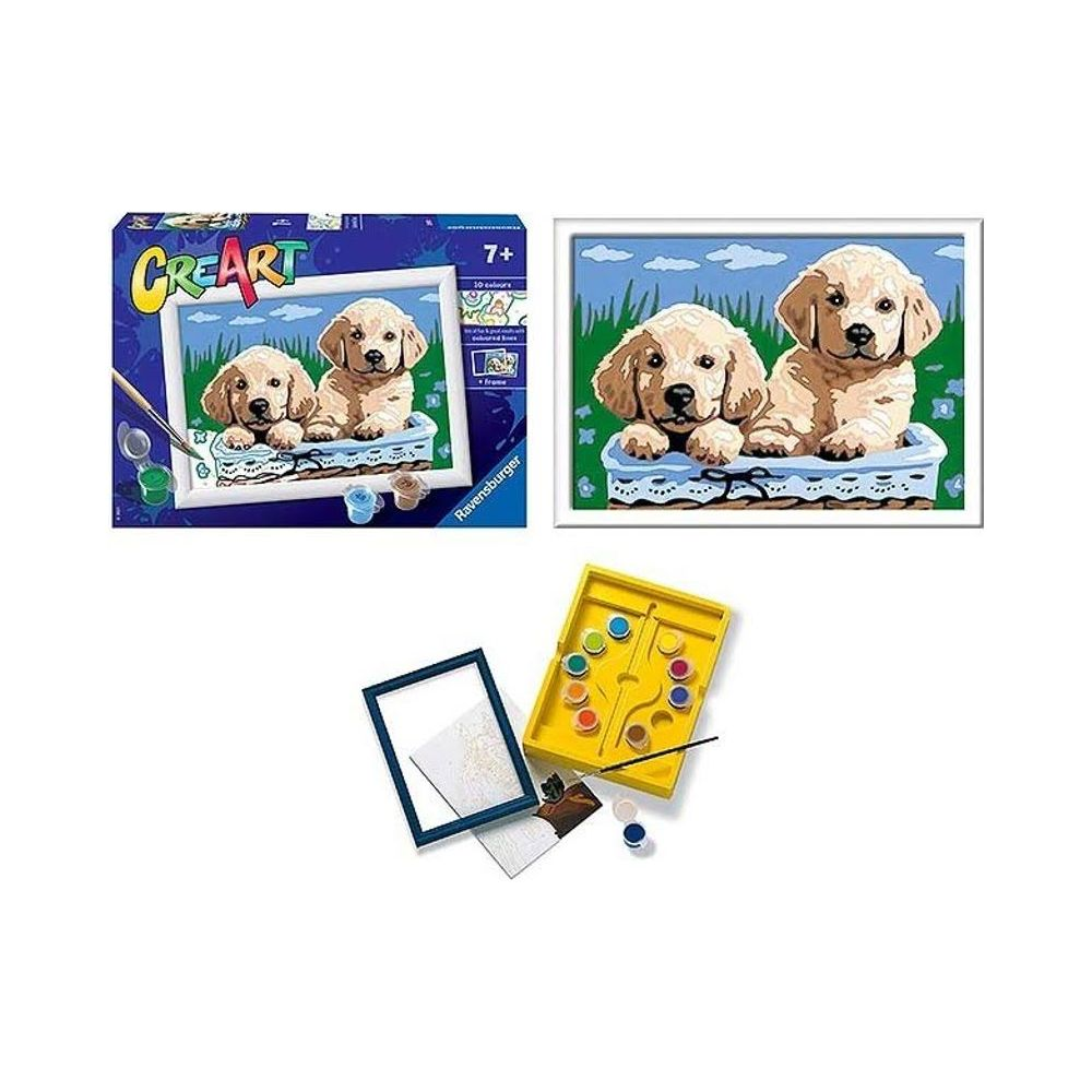 Dos cachorros lindos en una cesta, set Ravensburger pintar por números.