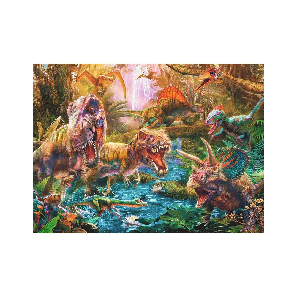 Molti dinosauri in un lussureggiante paesaggio preistorico con cascate e vegetazione.