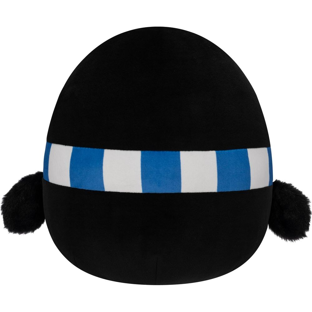 Ein schwarzes, eiförmiges Plüschtier mit blau-weißen Streifen und flauschigen schwarzen Ohren.