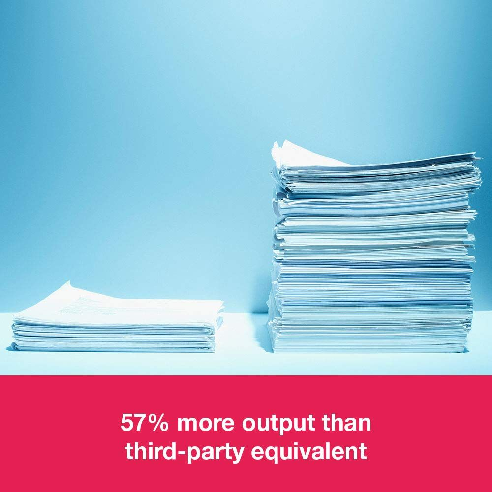 Twee stapels wit papier op blauwe achtergrond. Tekst onderaan: 57% meer output dan derde partijen.