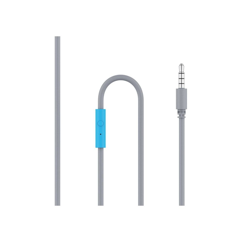 Cavo grigio con telecomando in linea blu e jack da 3,5 mm.