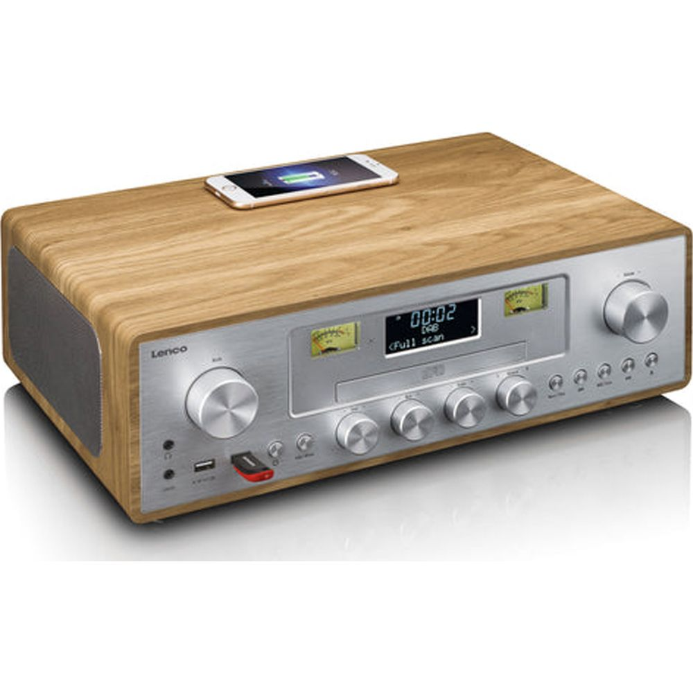 Een Lenco radio met houten afwerking, een smartphone erop en een digitaal display.