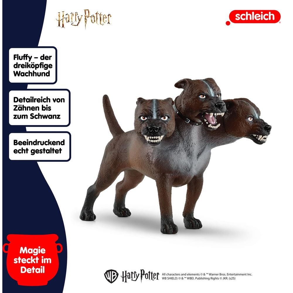 Una figura di cane a tre teste Schleich, design Harry Potter.