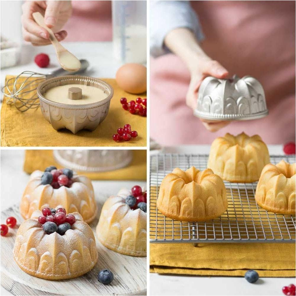 Collage vom Backen eines Napfkuchens: Teig in Form, Form, verzierte Kuchen und Kuchen auf Rost.