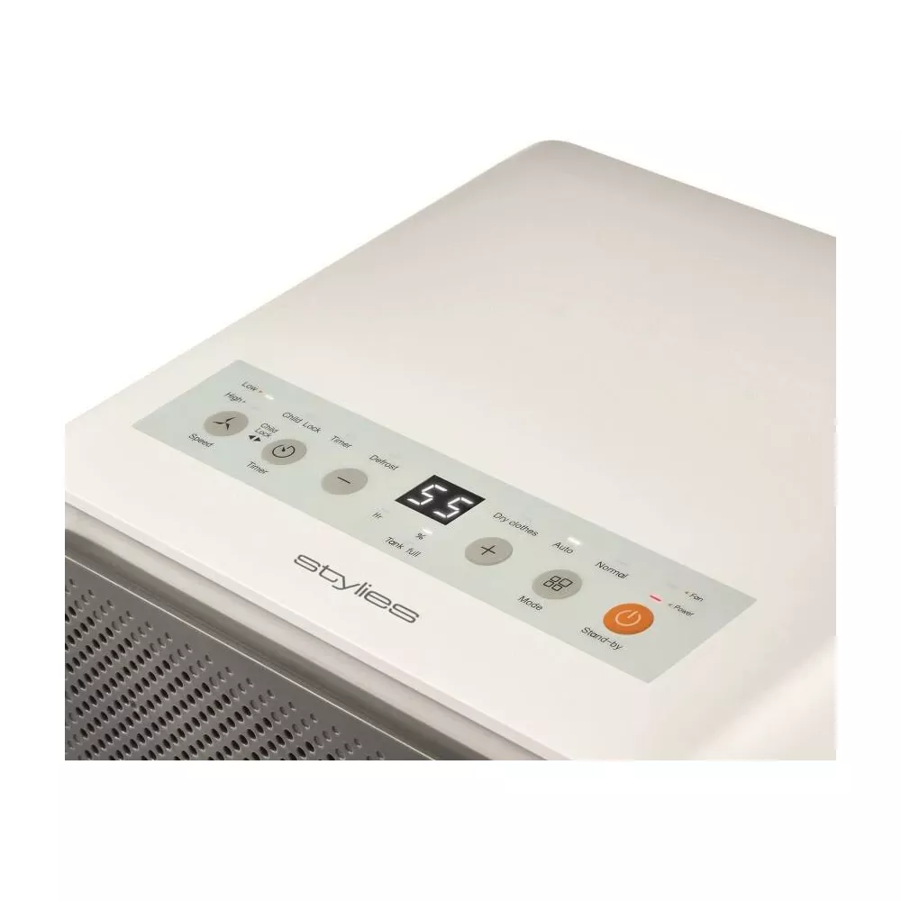 Un deumidificatore bianco con controlli digitali e display.
