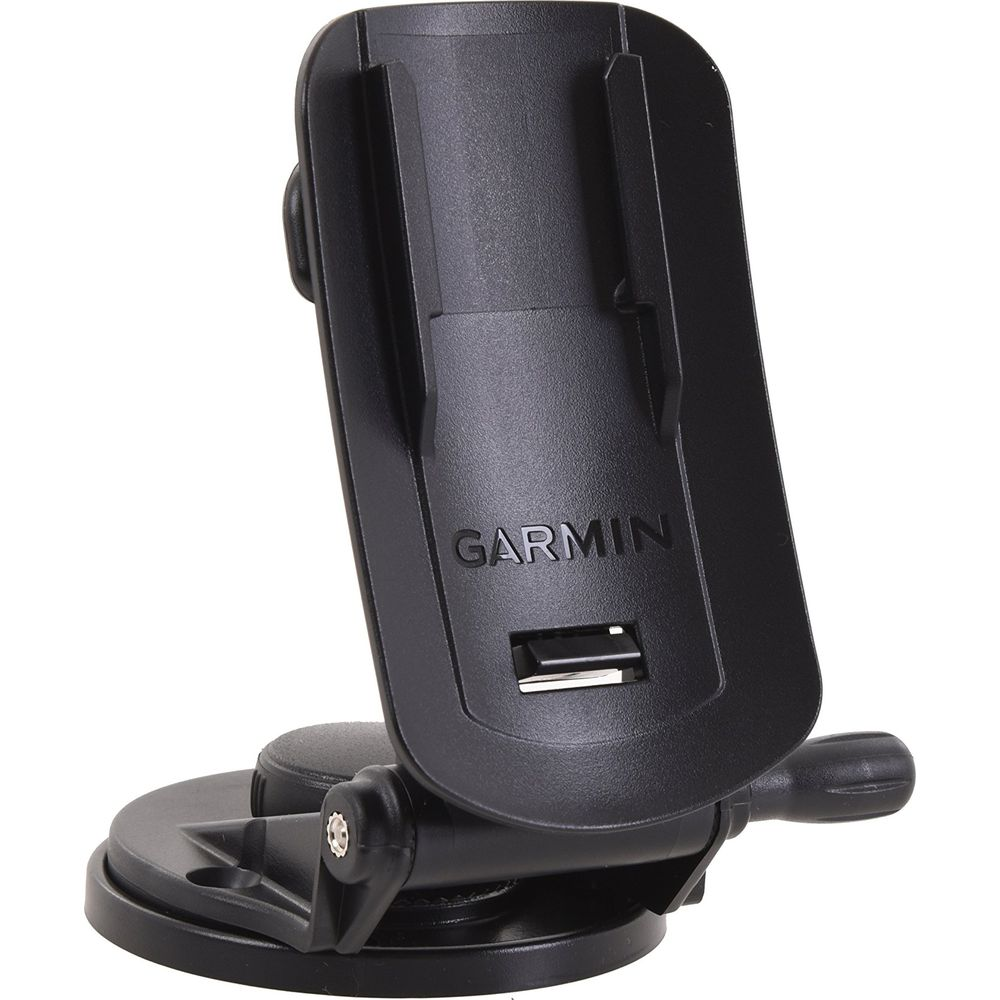 Schwarzer Garmin-Halter mit Saugnapf und verstellbarem Arm.