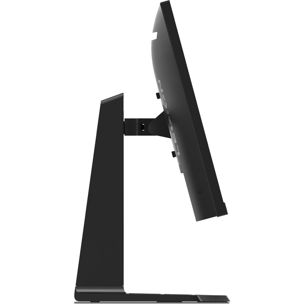 Monitor nero su un supporto, visto di profilo su sfondo bianco.