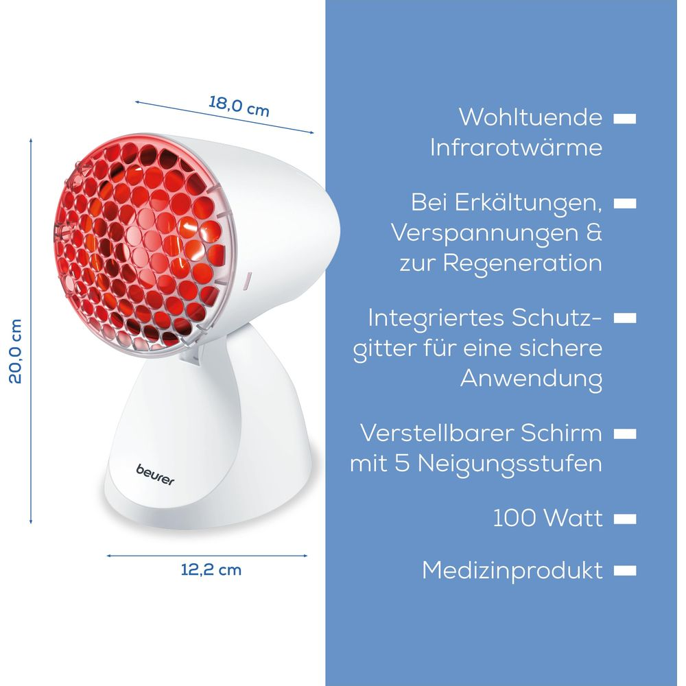 Ein weißer Infrarotwärmestrahler mit roten Heizelementen und Maßen.