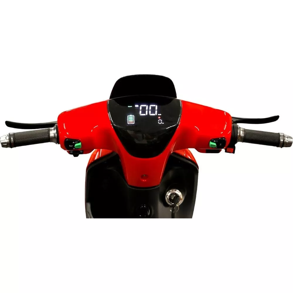 Guidon de scooter rouge avec écran numérique, indicateur de batterie et contact à clé.