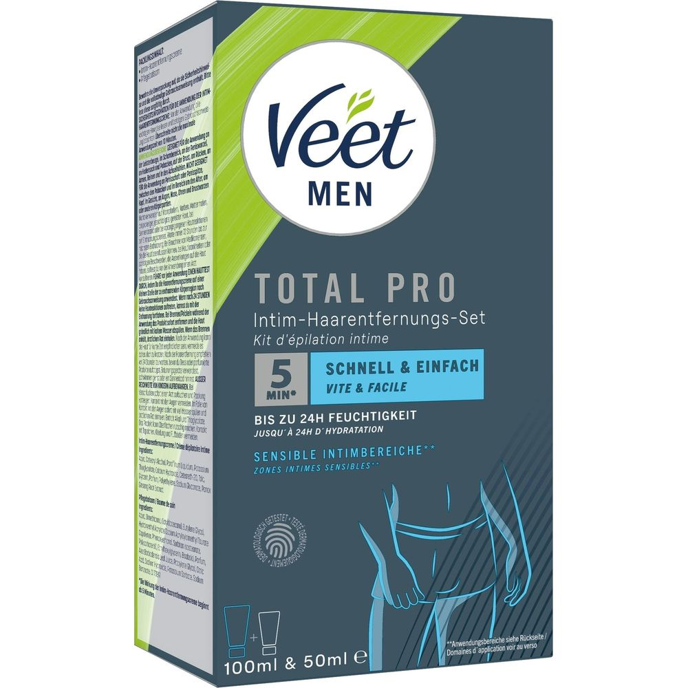 Veet Men Total Pro Kit d'épilation Intime, formule 5 minutes pour une utilisation rapide et facile.