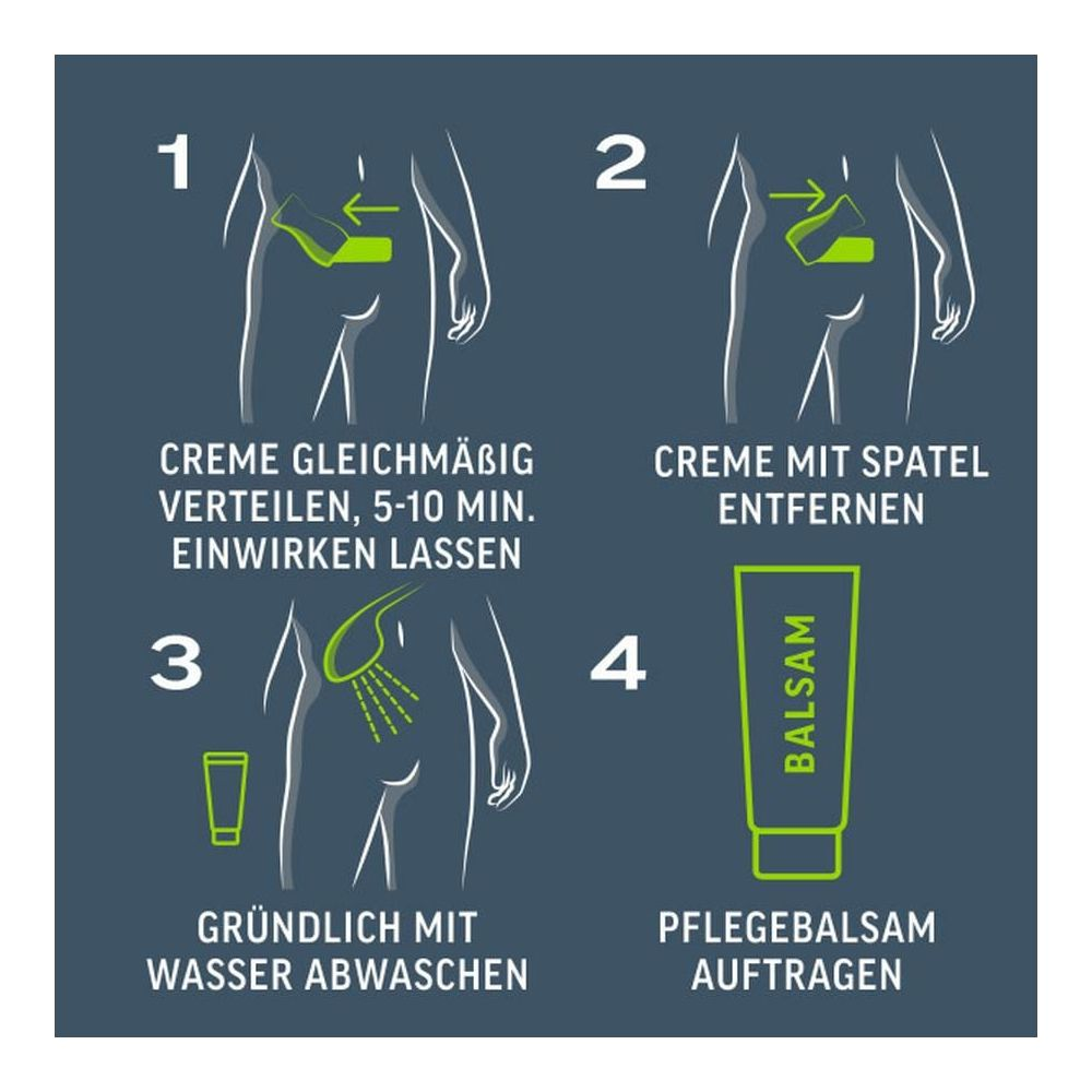 Instructions: Appliquer la crème, laisser agir, retirer avec spatule, rincer, appliquer baume.