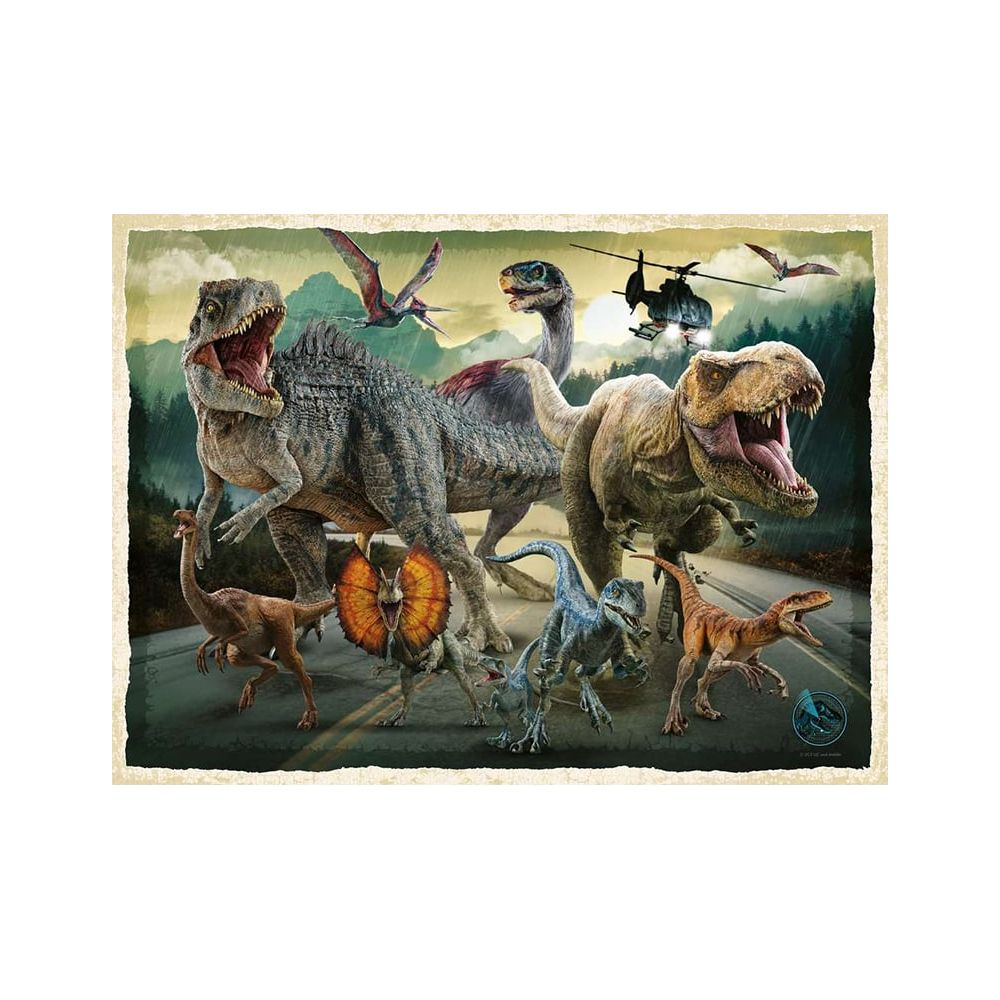 Dinosaurussen op een weg met een helikopter en vliegende pterosauriërs.