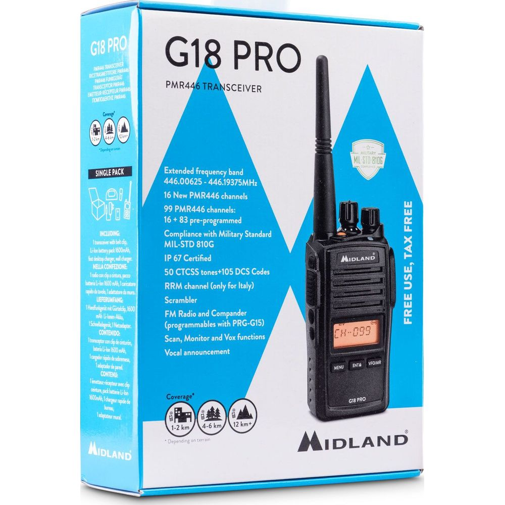 Embalaje de un transceptor Midland G18 PRO PMR446 con accesorios.