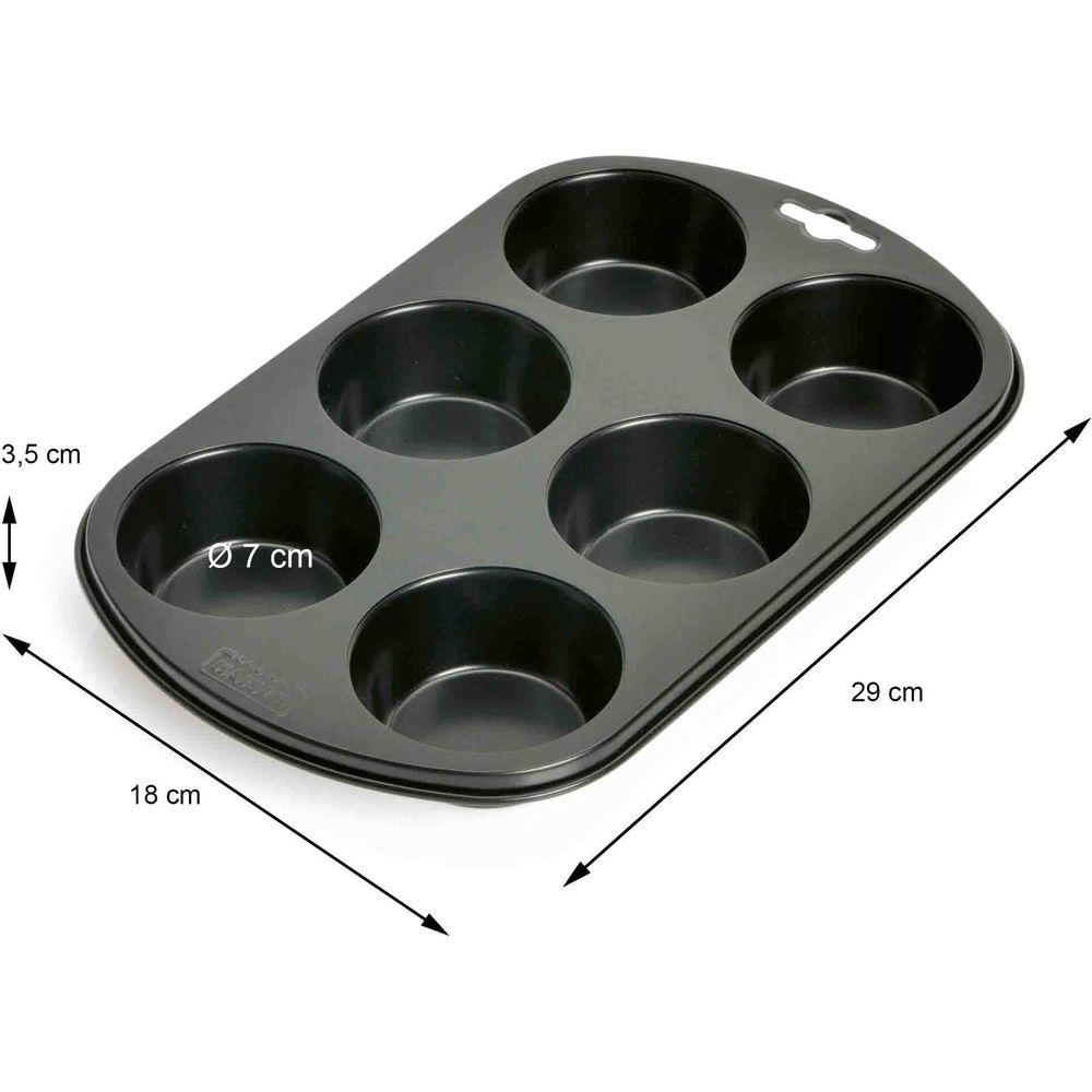 Eine schwarze Muffinbackform mit sechs Mulden, 29 cm lang, 18 cm breit, 3,5 cm tief, 7 cm Mulden.