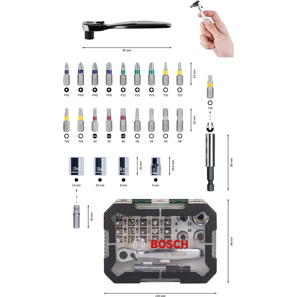 Set di attrezzi Bosch con cricchetto, punte e bussole in una custodia.