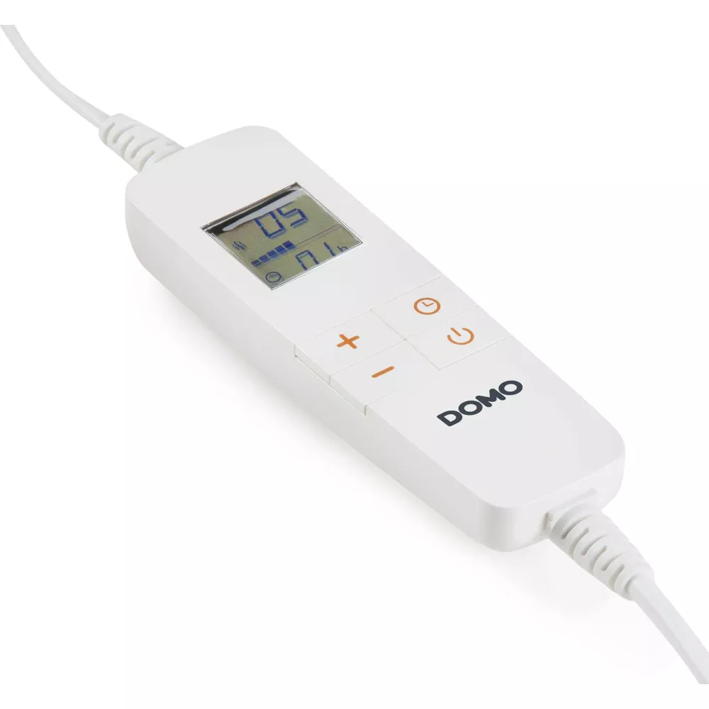 Ein weißes Domo-Gerät mit digitalem Display, Tasten und Kabel.