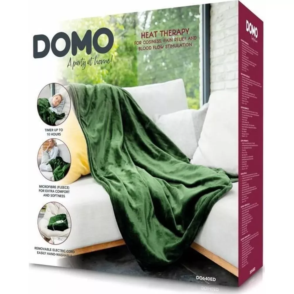 Dunkelgrüne Domo-Heizdecke auf einem Sofa, mit Produktmerkmalen.