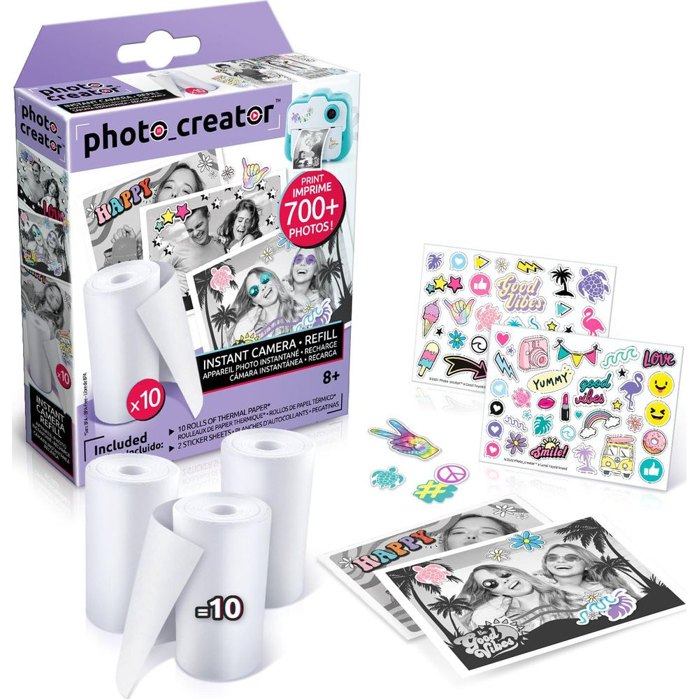 Photo Creator Sofortbildkamera-Nachfüllset mit 10 Thermopapierrollen und Stickern.