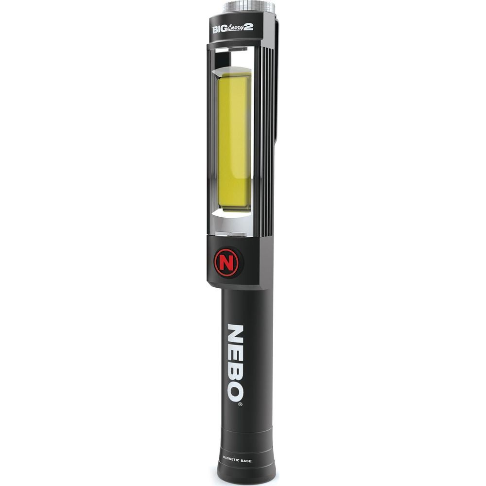 Luce da lavoro Nebo nera con luce gialla brillante e base magnetica.