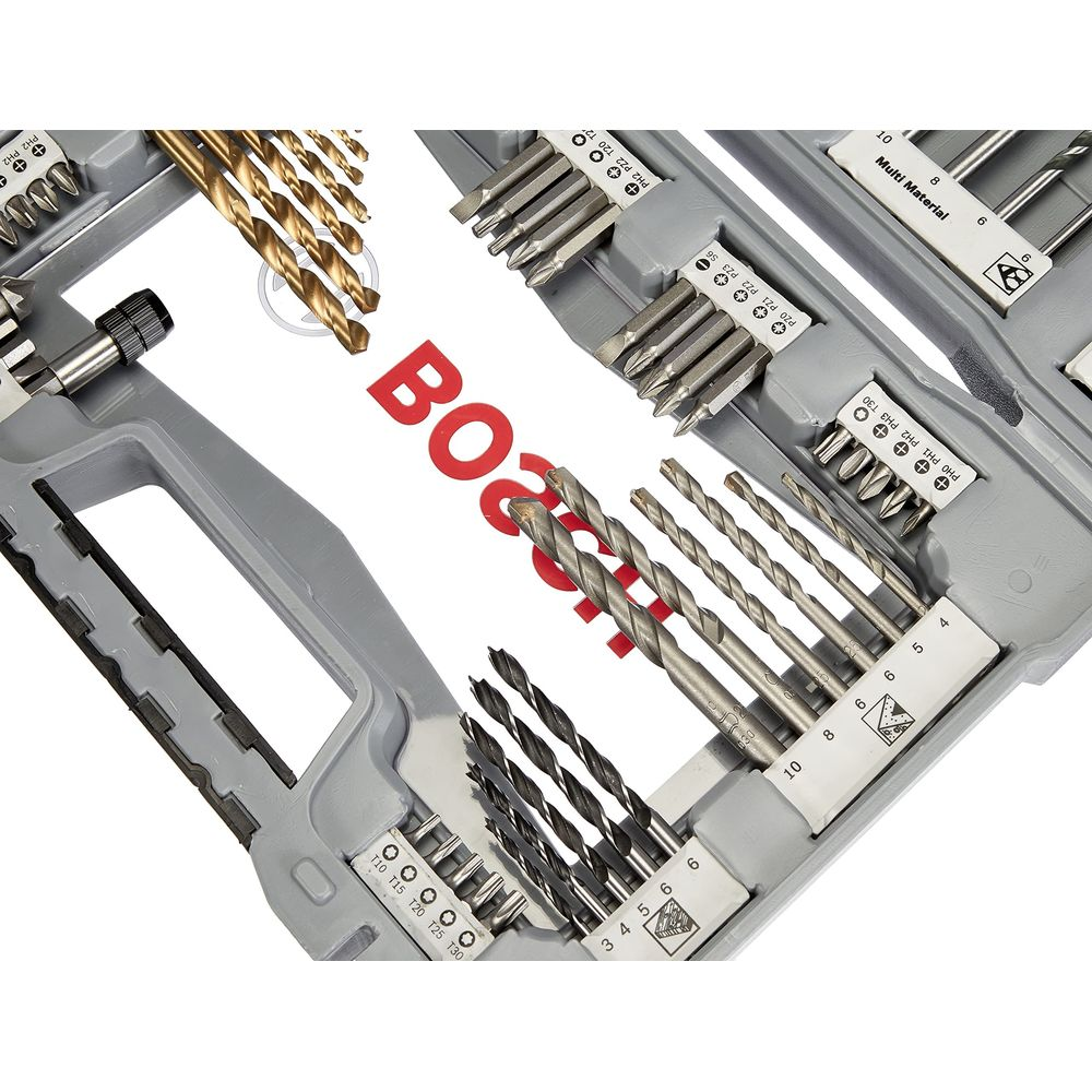 Una cassetta per attrezzi Bosch con varie punte da trapano e inserti.