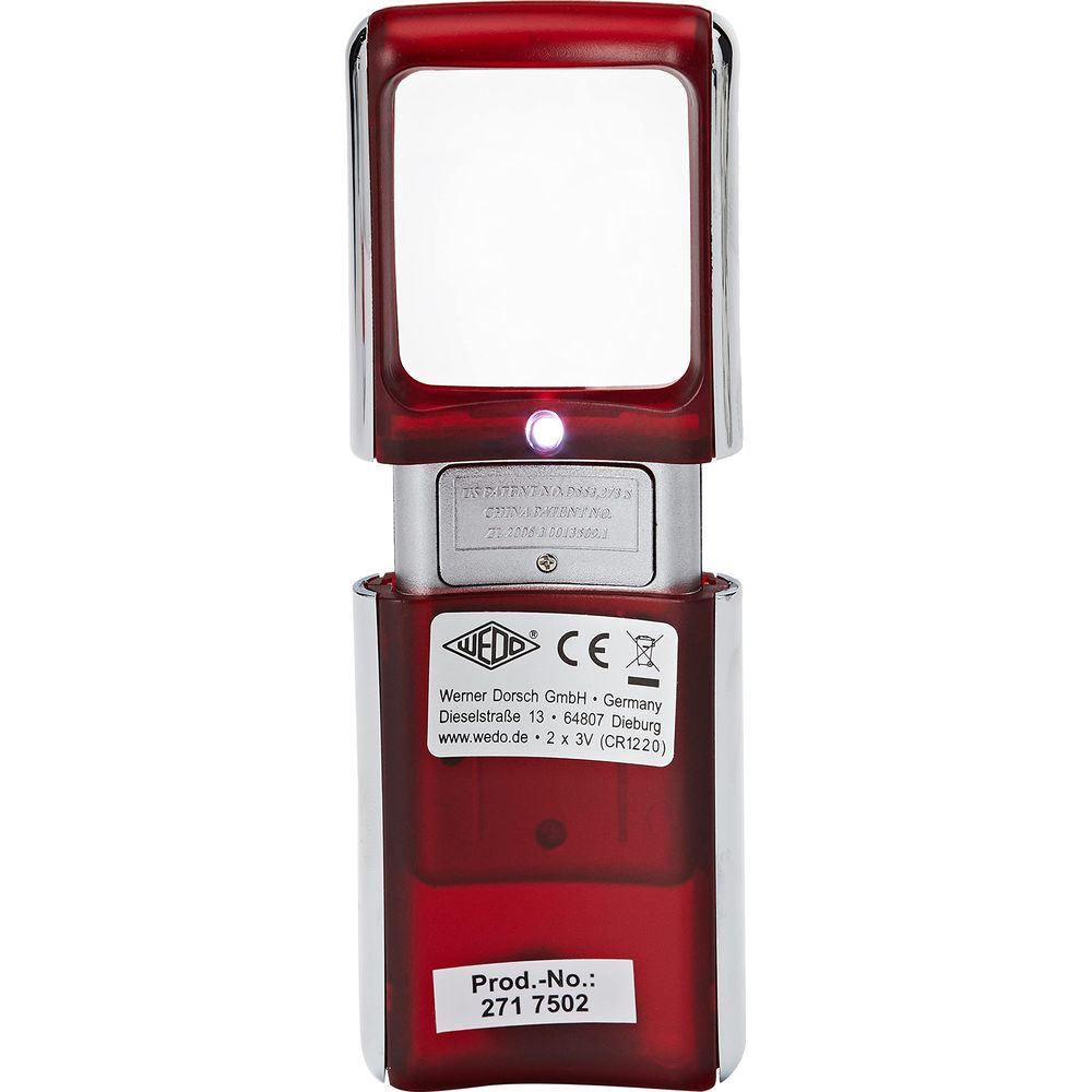 Ein roter Handstempel mit Lupe und Licht. Informationen über den Hersteller.