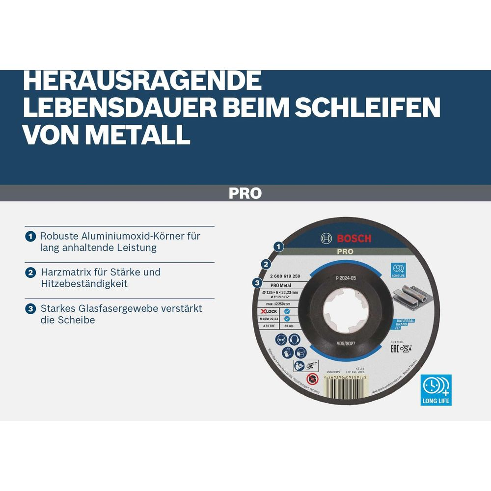 Bosch PRO Schleifscheibe für Metall mit Aluminiumoxid-Körnern und starker Harzmatrix.