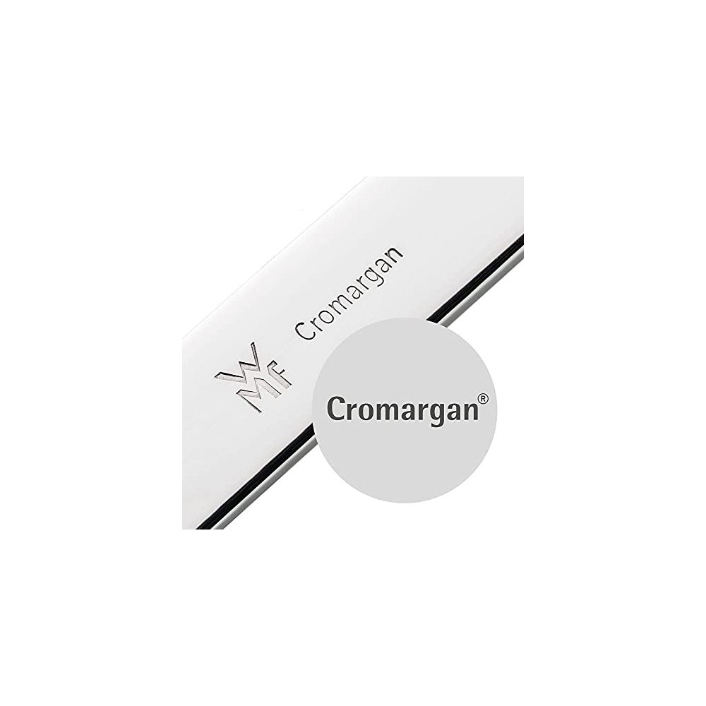 Logo MF e testo 'Cromargan' su superficie bianca. Cerchio con 'Cromargan' all'interno.
