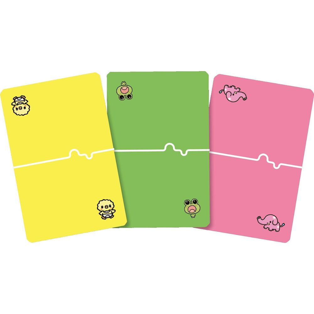 Drei bunte Karten: gelb, grün, rosa. Jede mit süßen Tier-Icons.