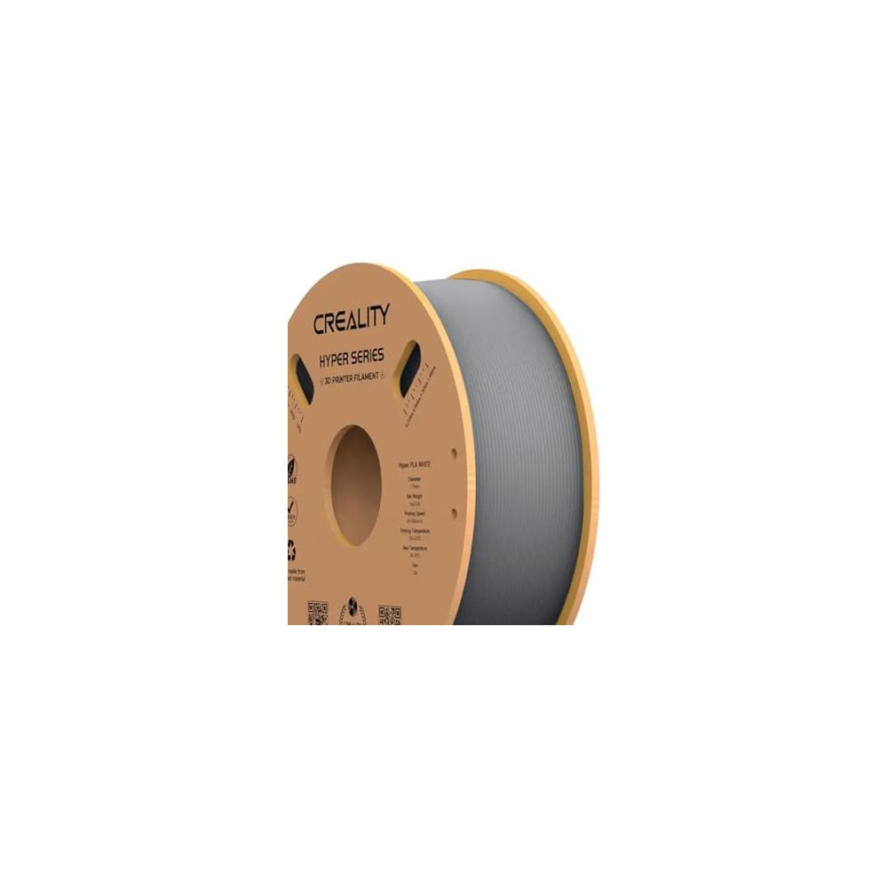 Una bobina di filamento grigio per stampante 3D con testo 'Creality Hyper Series' sul lato.