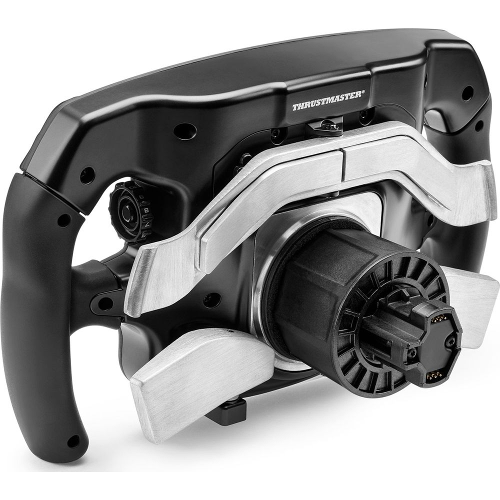 Volante de carreras Thrustmaster negro con partes metálicas plateadas, sobre fondo blanco.