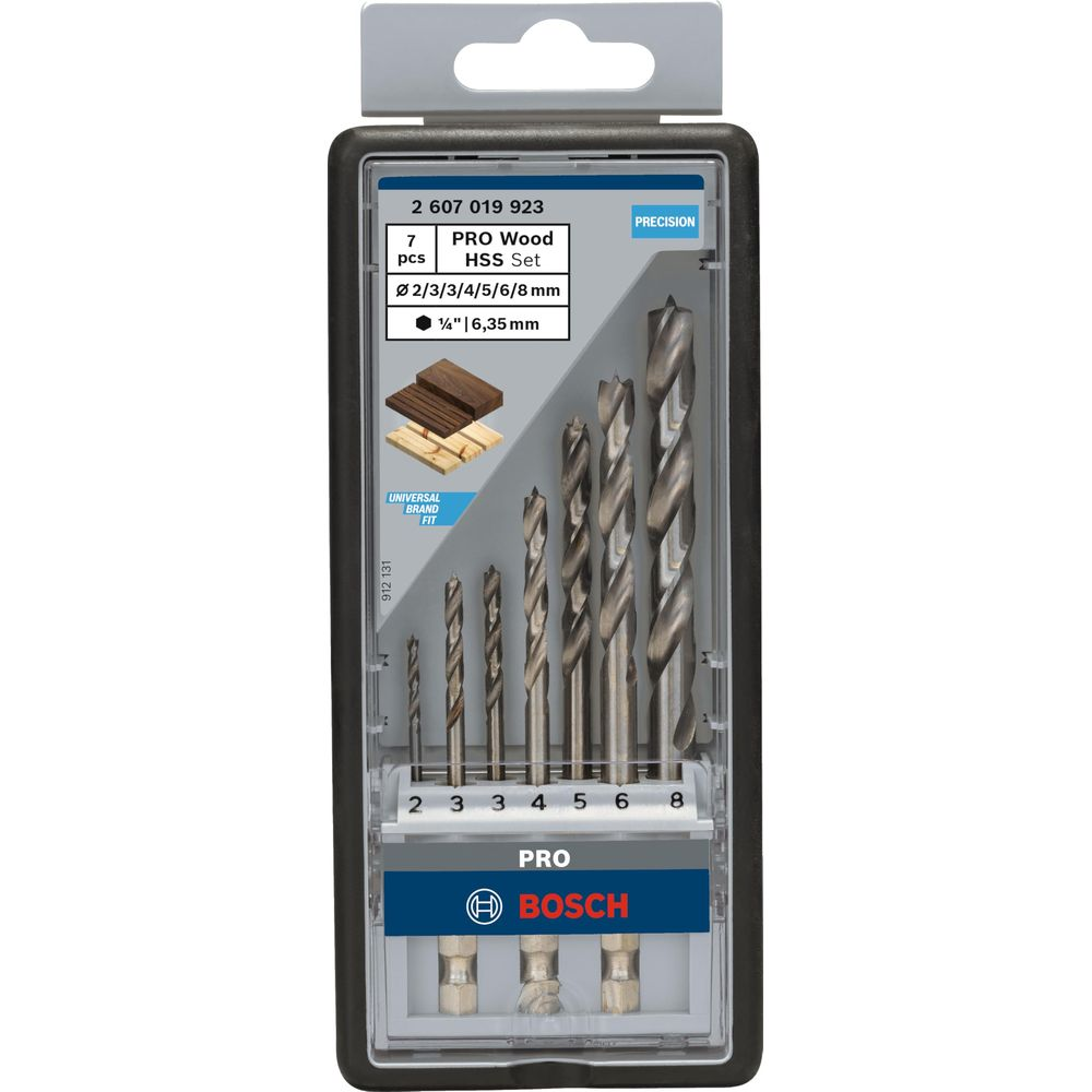Bosch Holzbohrer-Set mit 7 Teilen in einer transparenten Hülle, Größen 2-8 mm.