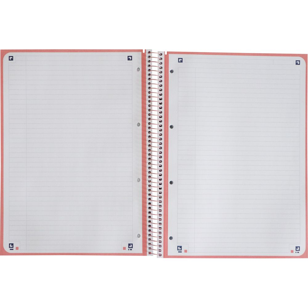 Un carnet ouvert avec des pages lignées et une couverture corail.