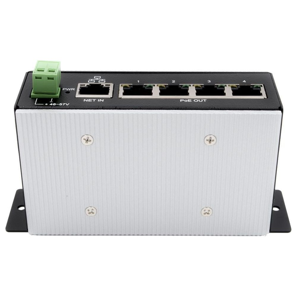 Uno switch di rete con quattro porte PoE out e una porta Net in.