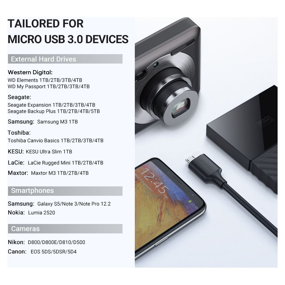 Fotocamera, smartphone, cavo USB e hard disk esterno su superficie bianca.