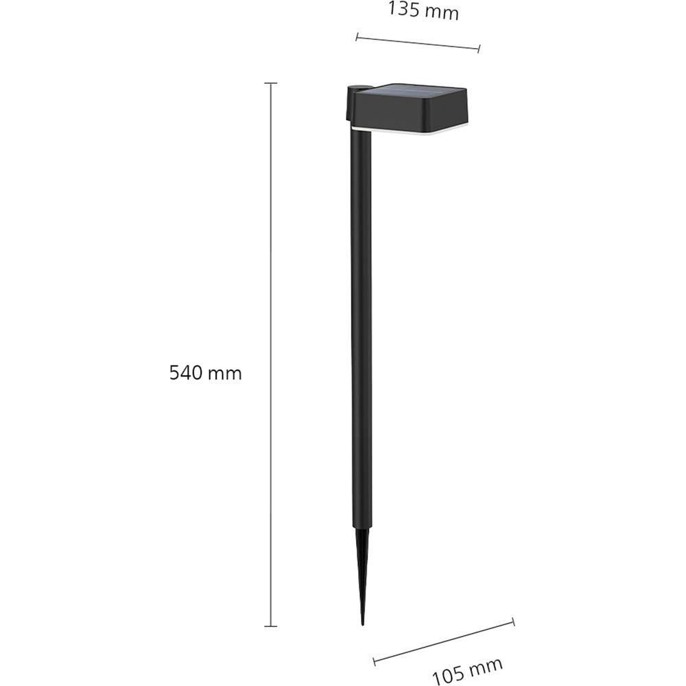 Luce solare nera da giardino con picchetto. Dimensioni: 540mm altezza, 135mm larghezza.