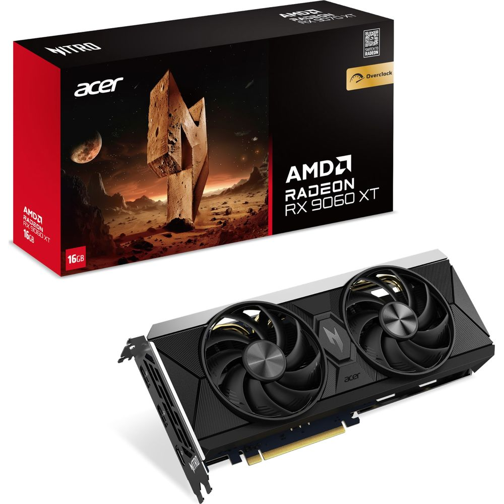 Karta graficzna AMD Radeon RX 9060 XT i pudełko w kosmicznym stylu.