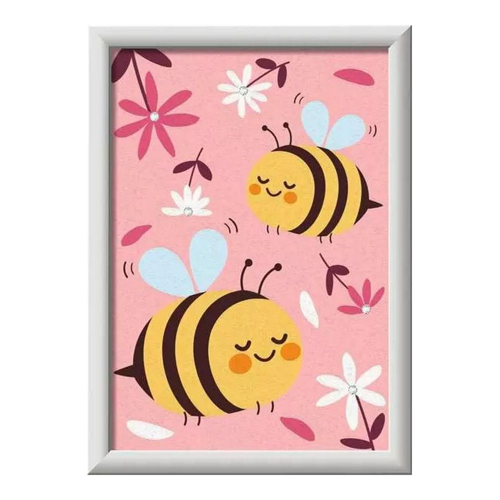 Dos abejas lindas sobre fondo rosa con flores.