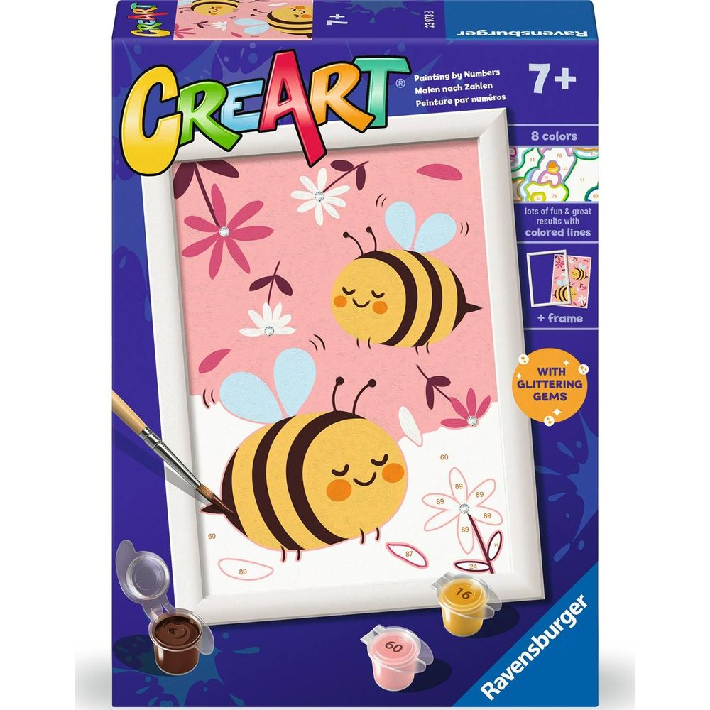 Set de pintura Ravensburger CREART con dos abejas, flores y gemas.