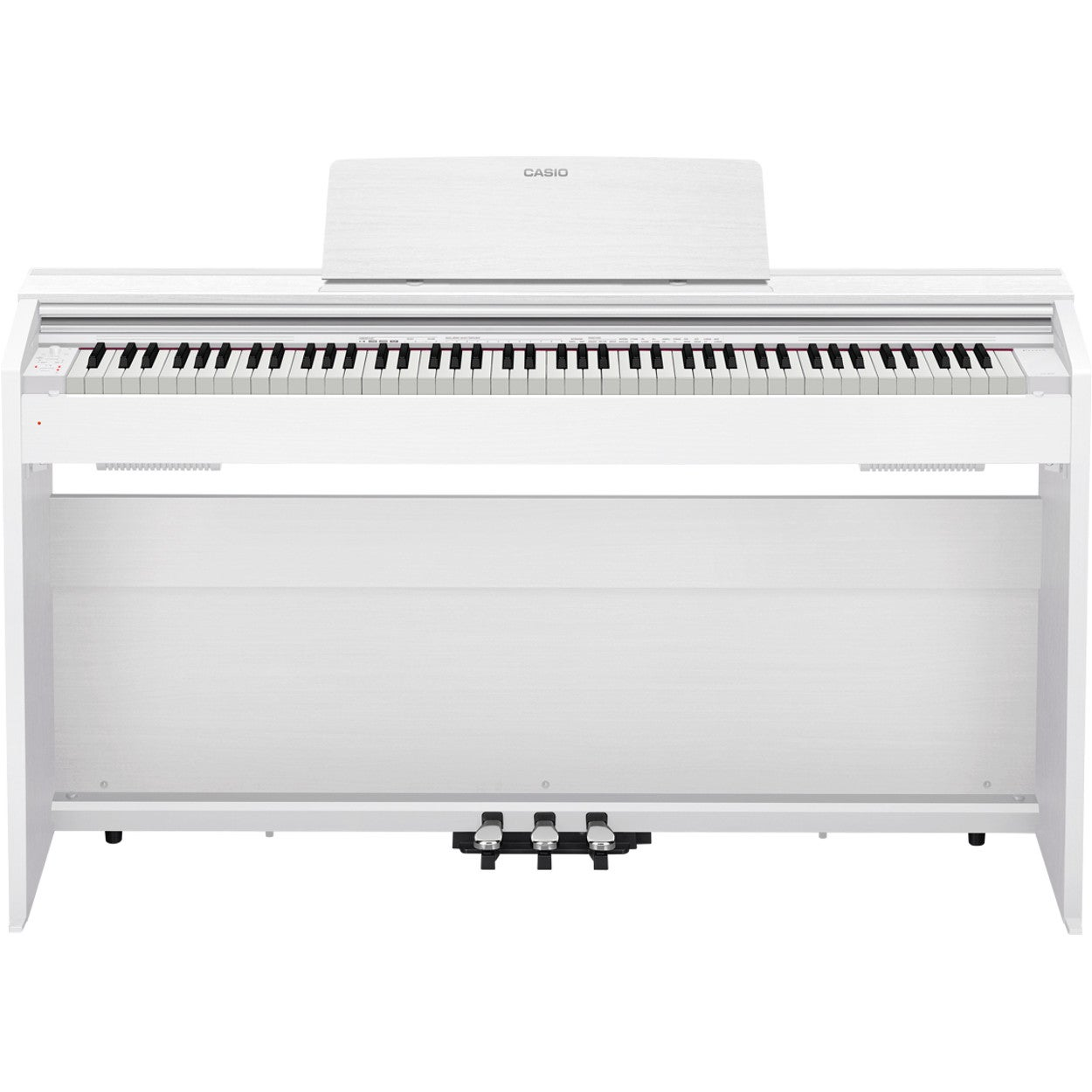 Un piano numérique blanc avec pupitre et trois pédales.