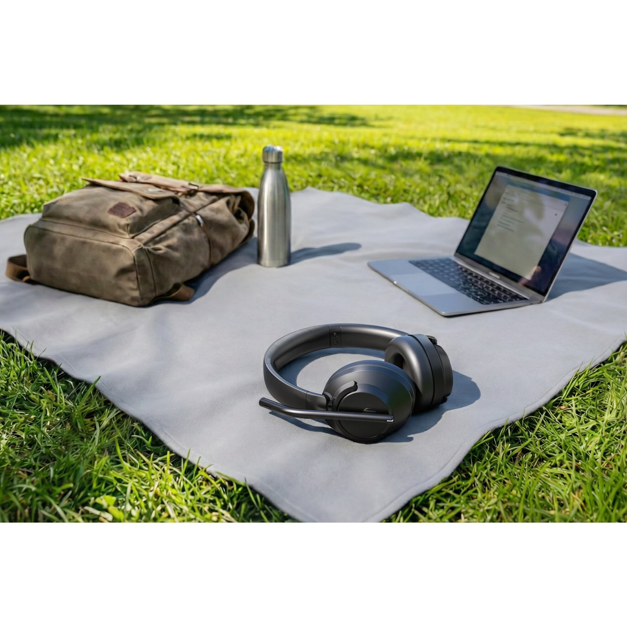 Zaino, borraccia, cuffie e laptop su una coperta all'aperto.