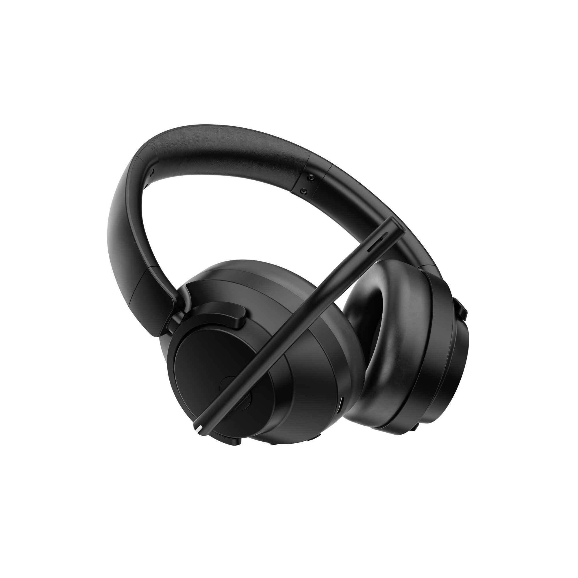 Cuffie nere over-ear con microfono, isolate su sfondo bianco.