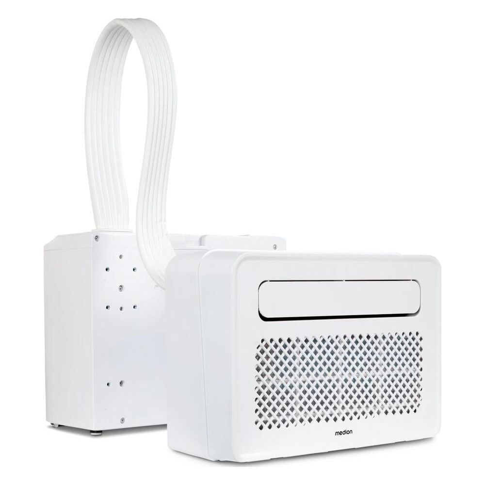 Two white air conditioning units with a flexible hose, white background.