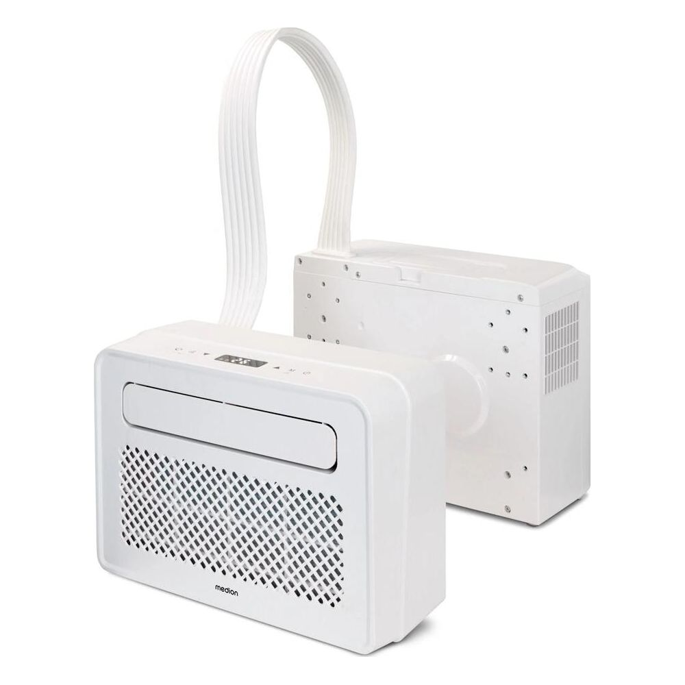 A white portable air conditioner cooler with two units connected by a hose.