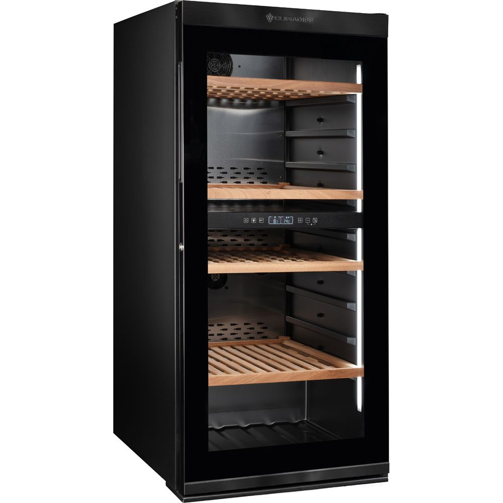 Cantinetta vino nera con porta in vetro e ripiani in legno.