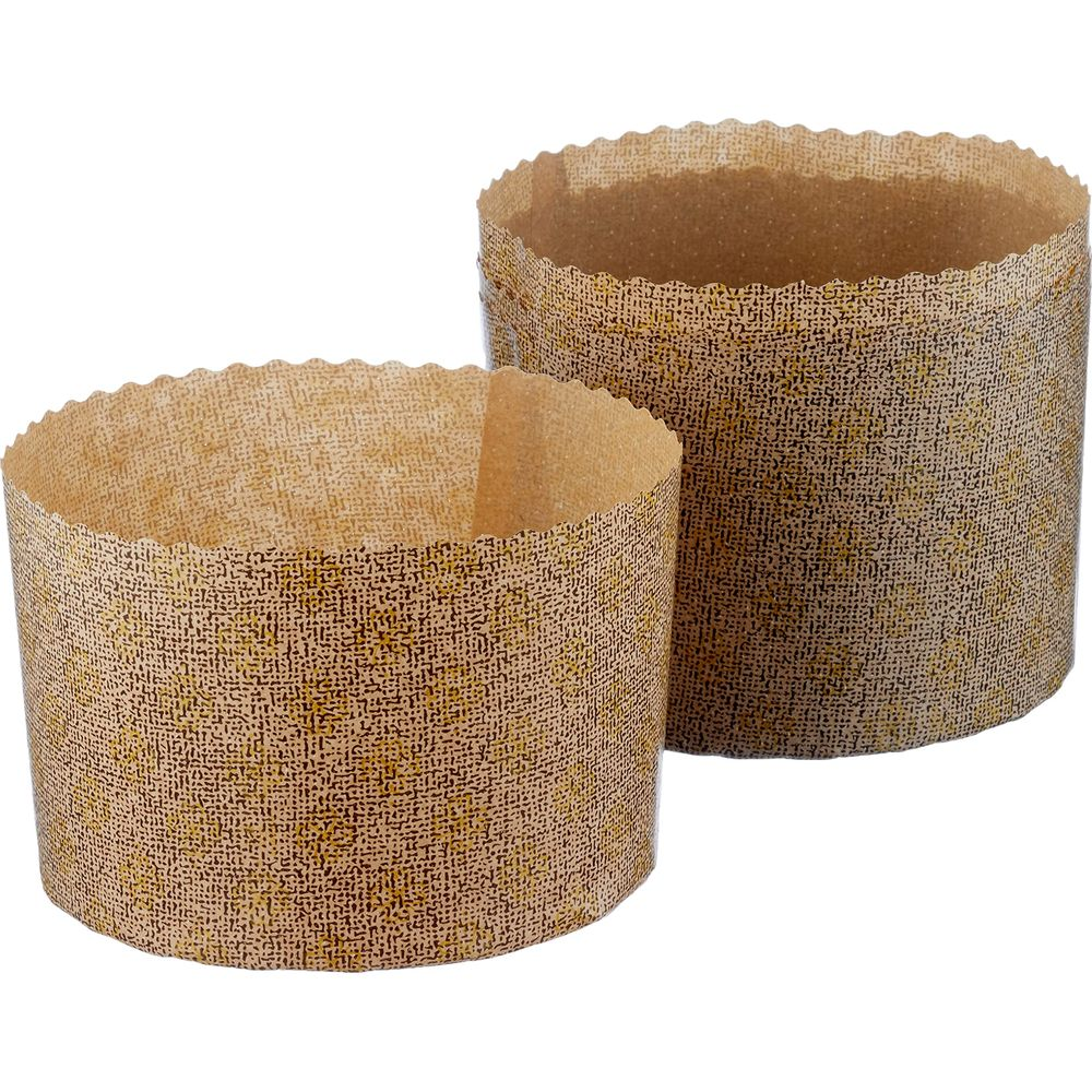 Zwei runde Backformen aus Papier mit welligem Rand, mit Muster bedruckt.